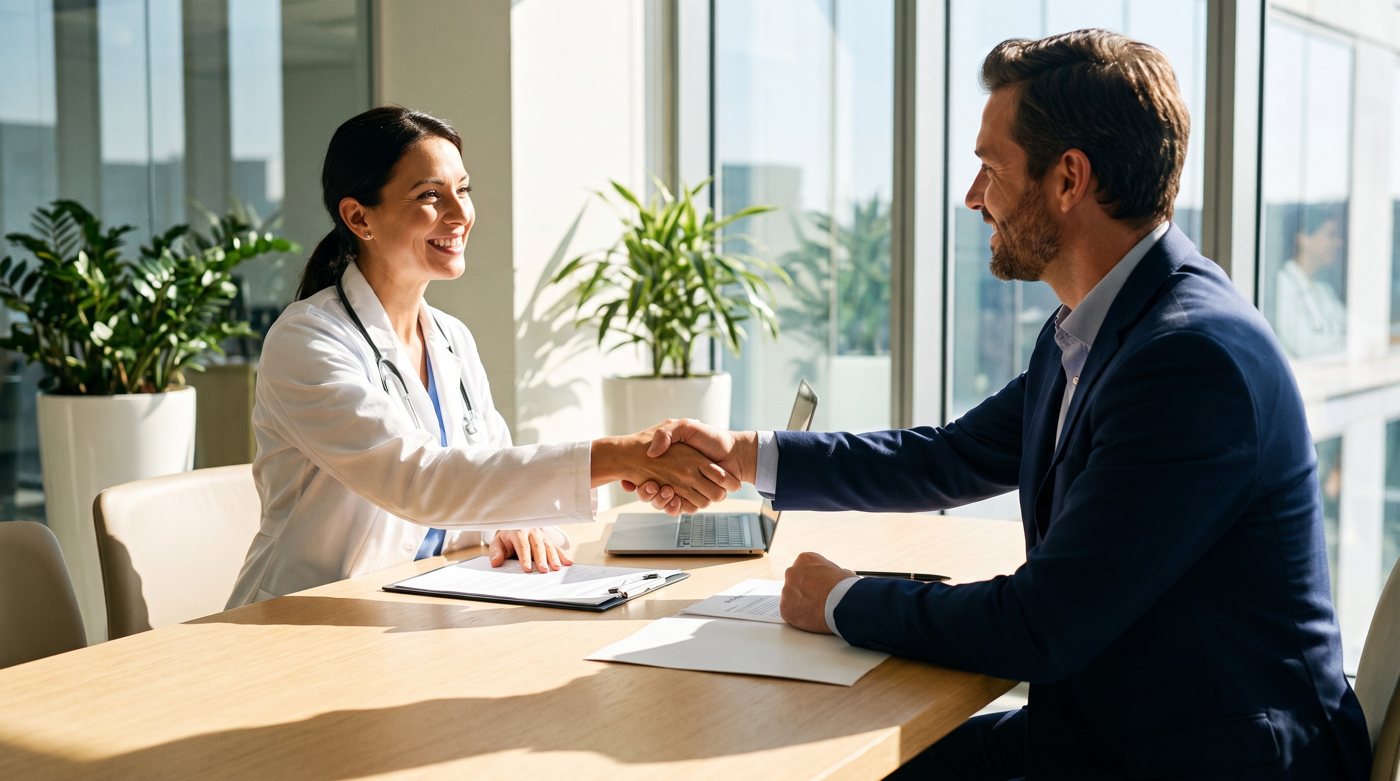 Physician shaking hands with a medical practice business broker after agreeing to sell her practice