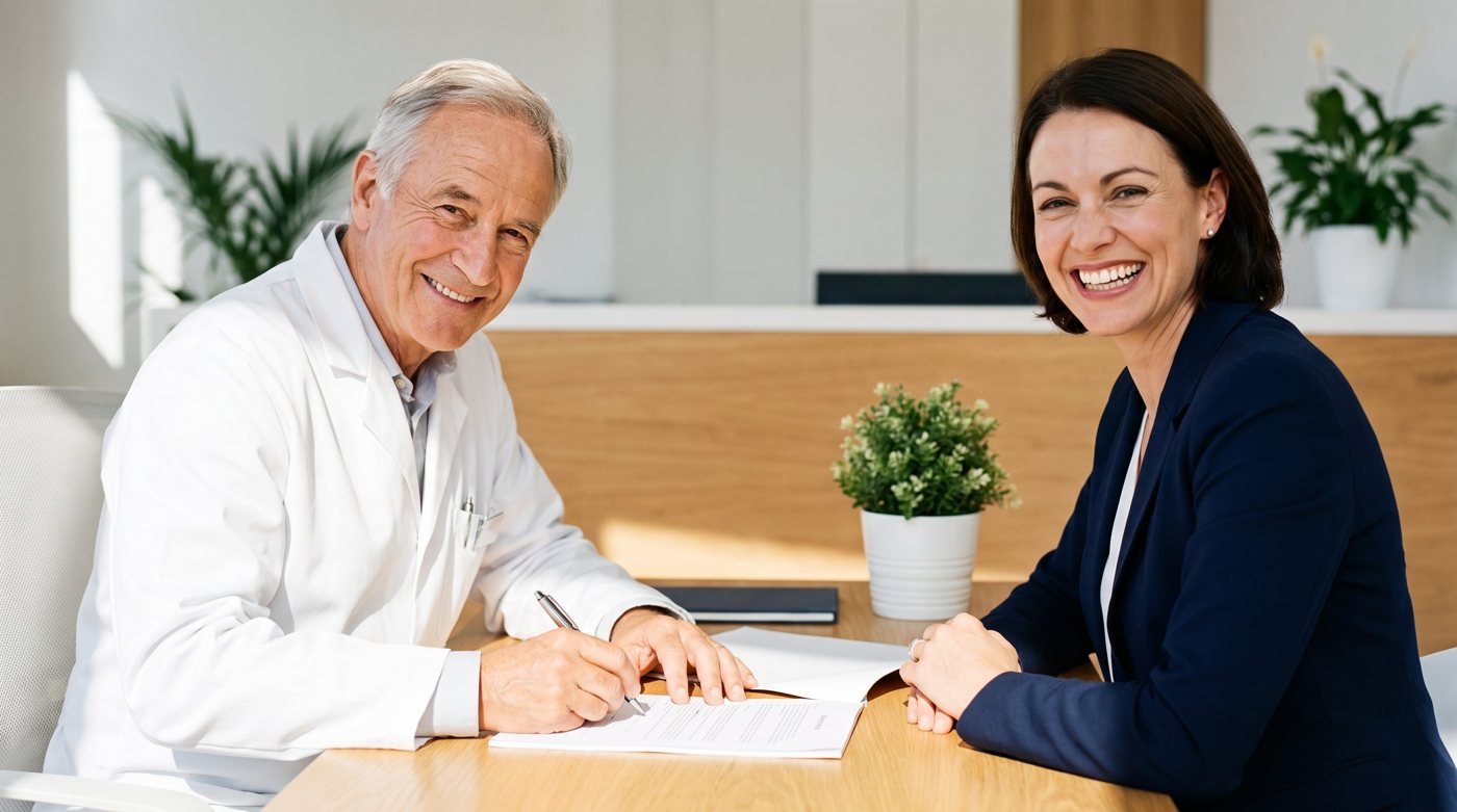 Physician signing the closing documents for the sale of his medical practice