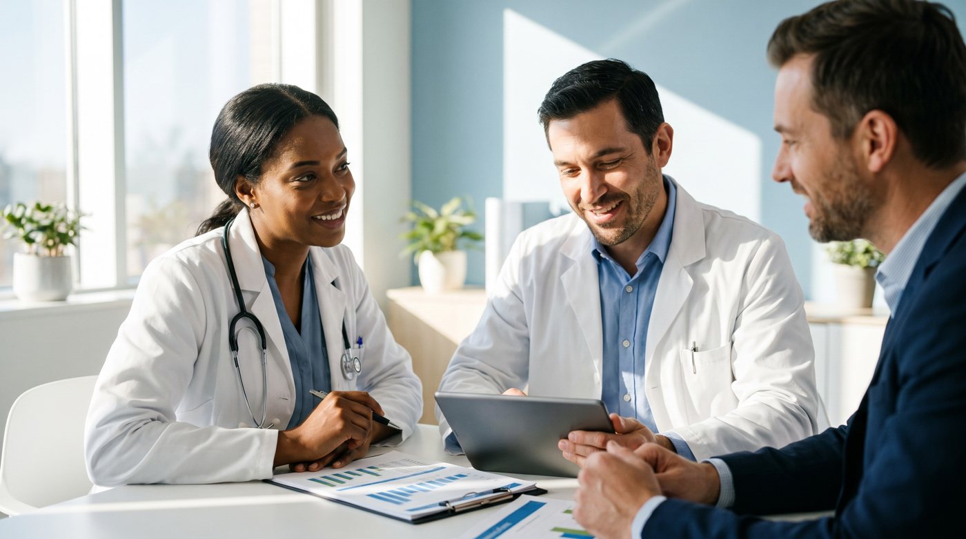 Physicians reviewing their practice valuation and buyer offers with a business broker